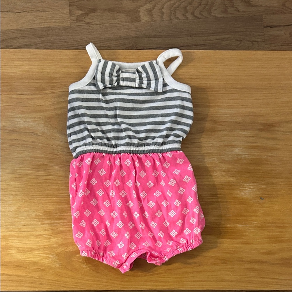 Grey & White Striped Baby Romper with Pink Patterned Bottom